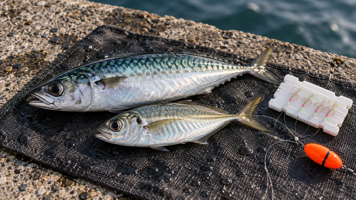 고등어·전갱이와 카드채비, 찌를 가까이 보여주는 방파제 낚시 장면 (AI 생성 설명 이미지)